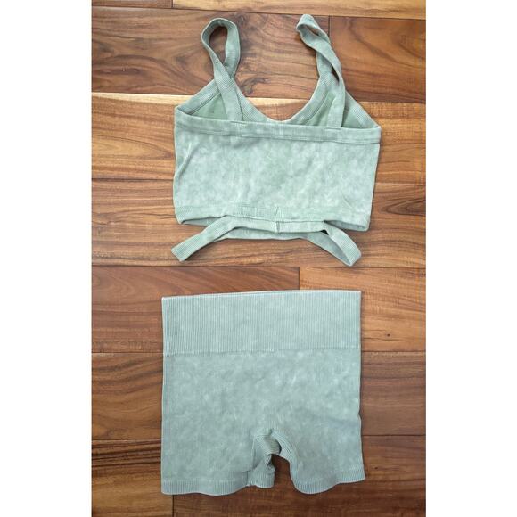 Ribbed Matching Set - Light Green Crop Top & Shorts - M/S - Beach Boho Style - Picture 2 of 8